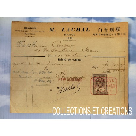 FACTURE M.LACHAL HANOI 15 JUILLET 1915